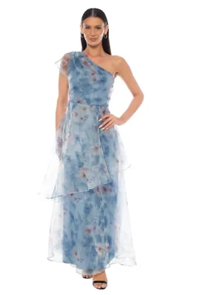 One Shoulder Printed Organza Gown