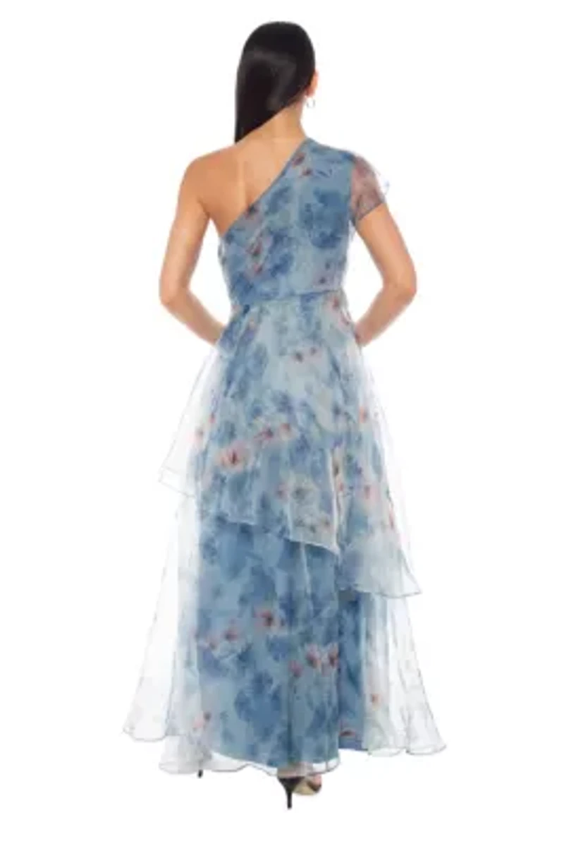 One Shoulder Printed Organza Gown