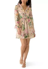 Women's Long Sleeve Printed Chiffon A-Line Dress