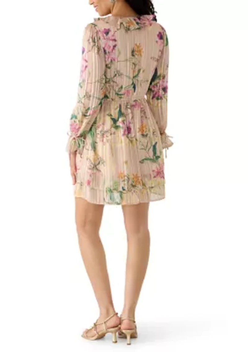Women's Long Sleeve Printed Chiffon A-Line Dress