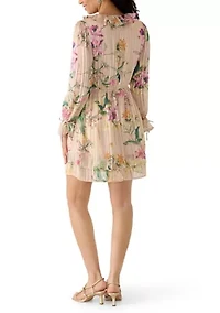 Women's Long Sleeve Printed Chiffon A-Line Dress