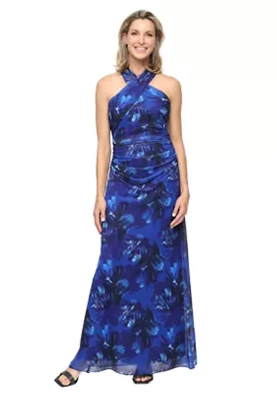 PRINTED MESH HALTER DRESS