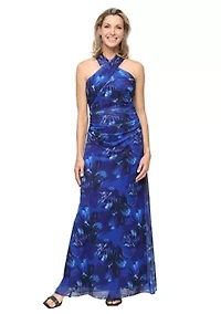 PRINTED MESH HALTER DRESS