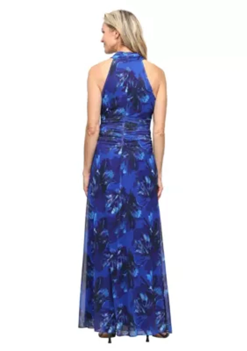 PRINTED MESH HALTER DRESS