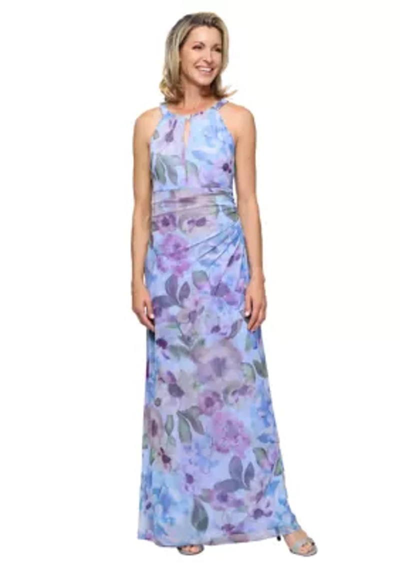 PRINTED MESH HALTER DRESS