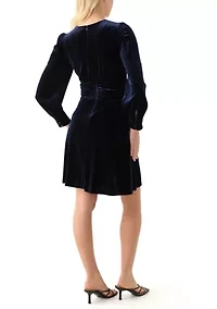 Women's Blouson Sleeve Ruched Waist Velvet Hunter Dress