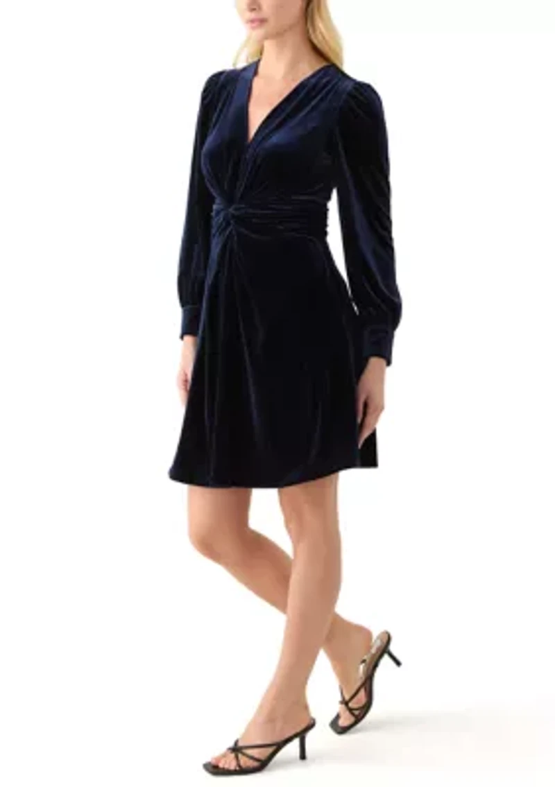Women's Blouson Sleeve Ruched Waist Velvet Hunter Dress