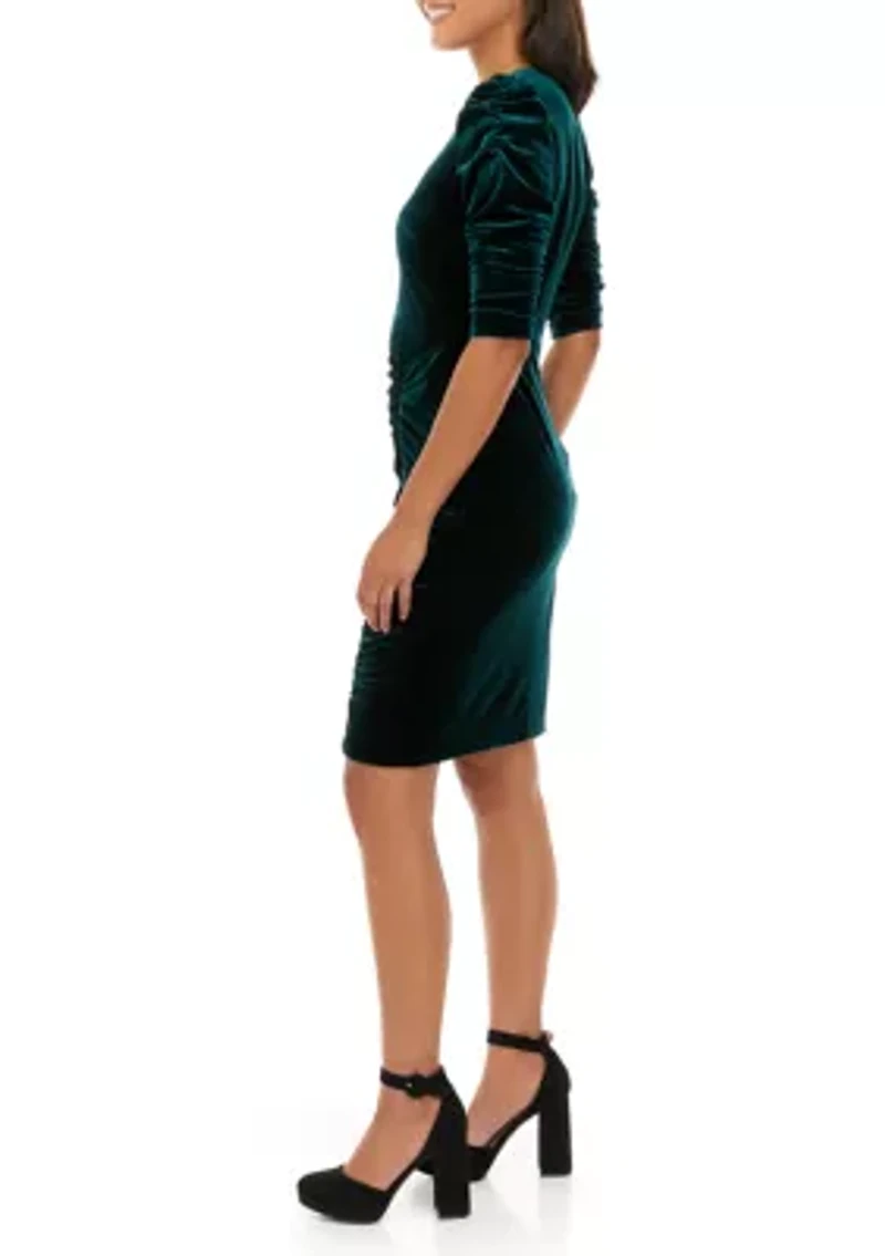 Women's Elbow Sleeve Velvet Shirred Sheath Dress
