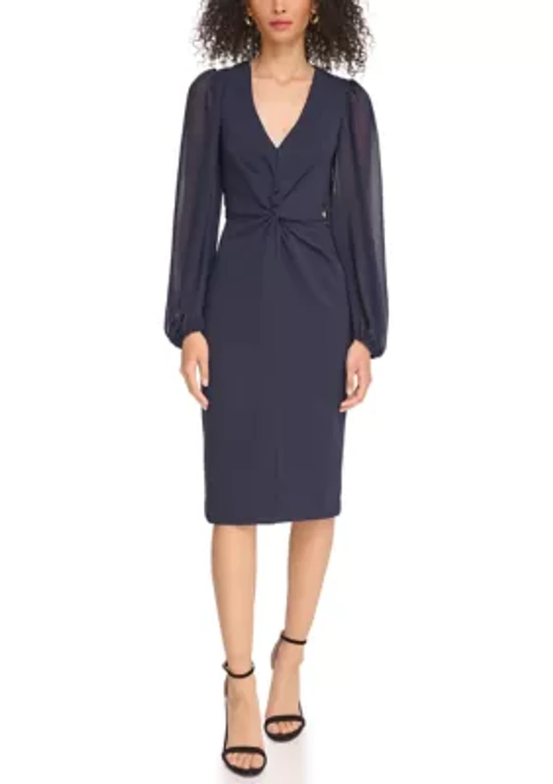 Women's Signature Stretch Crepe Twist Front Bodycon with Chiffon Sleeves