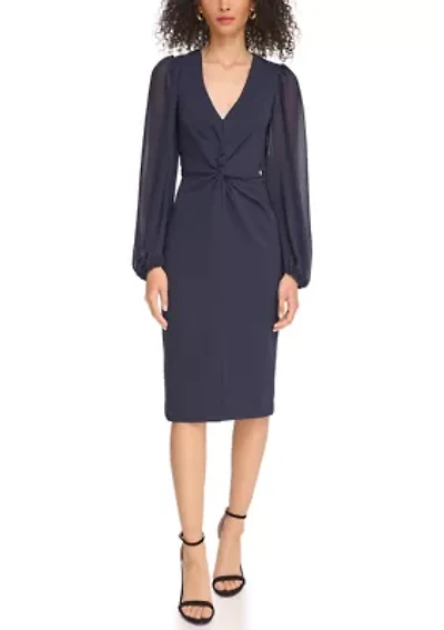 Women's Signature Stretch Crepe Twist Front Bodycon with Chiffon Sleeves