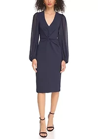 Women's Signature Stretch Crepe Twist Front Bodycon with Chiffon Sleeves