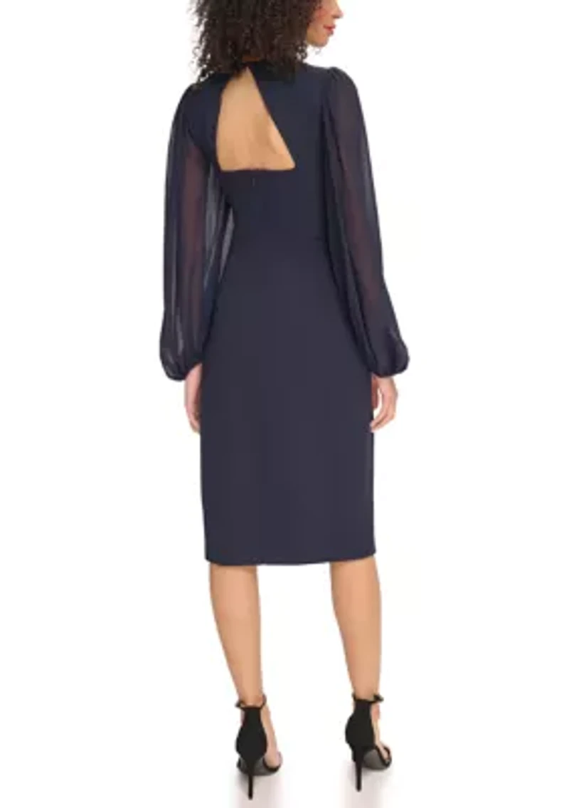 Women's Signature Stretch Crepe Twist Front Bodycon with Chiffon Sleeves