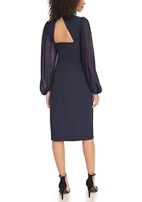 Women's Signature Stretch Crepe Twist Front Bodycon with Chiffon Sleeves