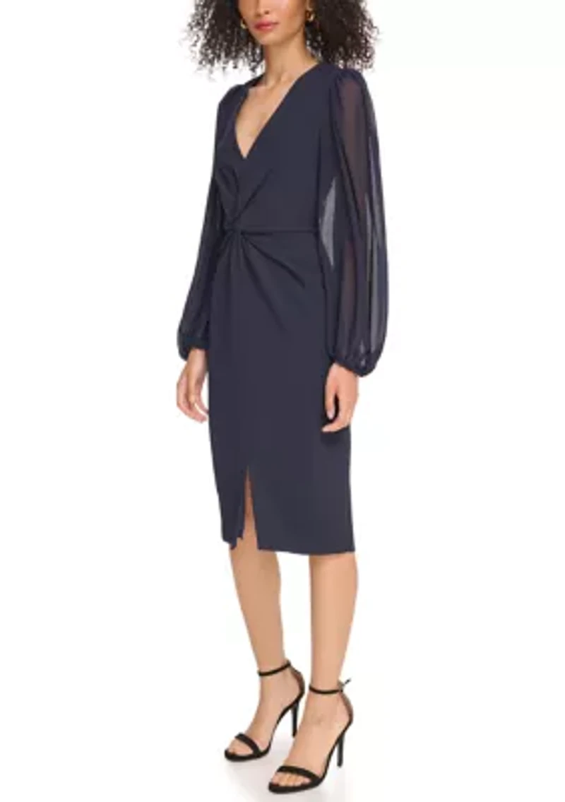 Women's Signature Stretch Crepe Twist Front Bodycon with Chiffon Sleeves