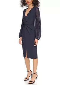 Women's Signature Stretch Crepe Twist Front Bodycon with Chiffon Sleeves