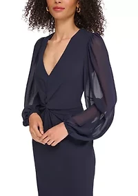 Women's Signature Stretch Crepe Twist Front Bodycon with Chiffon Sleeves