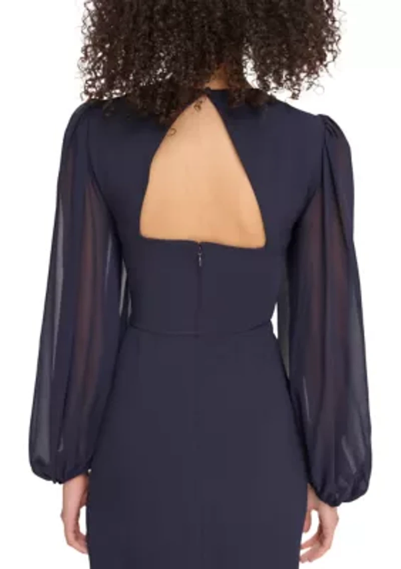 Women's Signature Stretch Crepe Twist Front Bodycon with Chiffon Sleeves