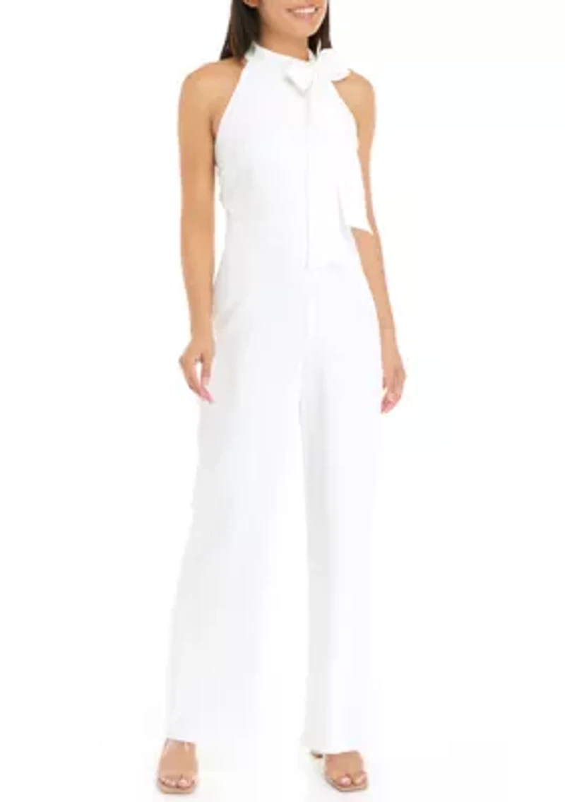 Women's Sleeveless Bow Tie Neck Solid Crepe Jumpsuit