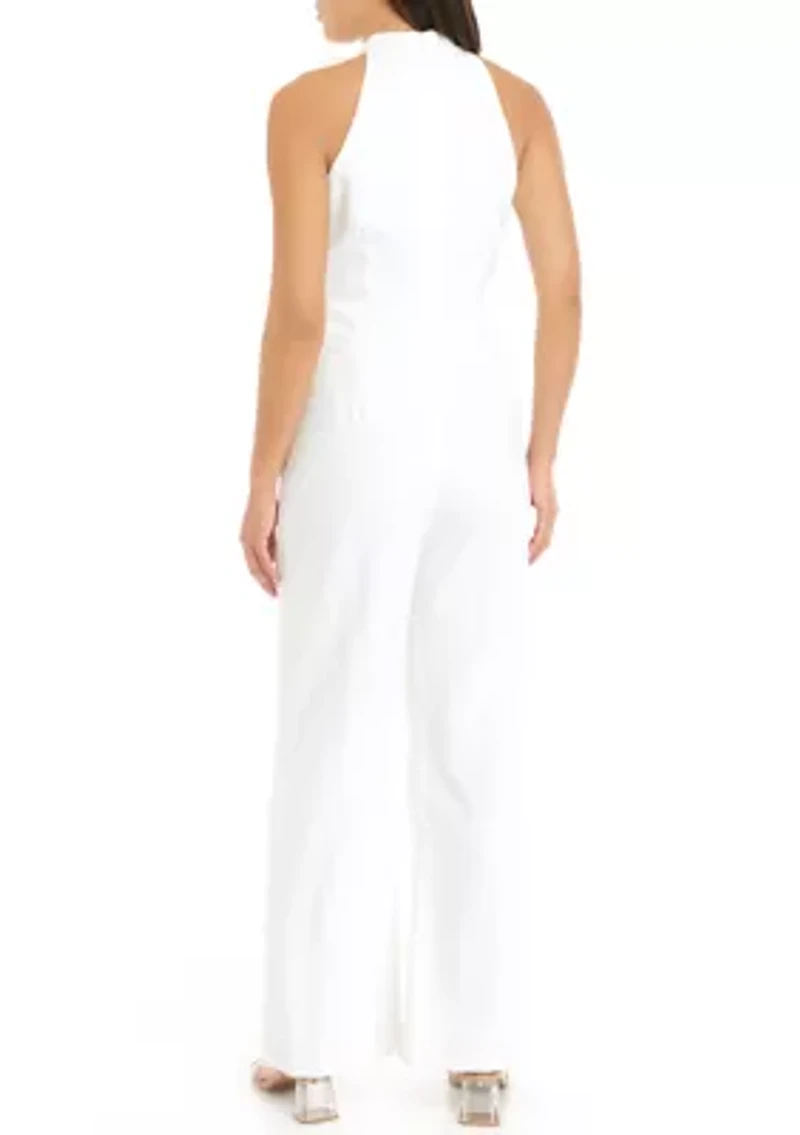 Women's Sleeveless Bow Tie Neck Solid Crepe Jumpsuit