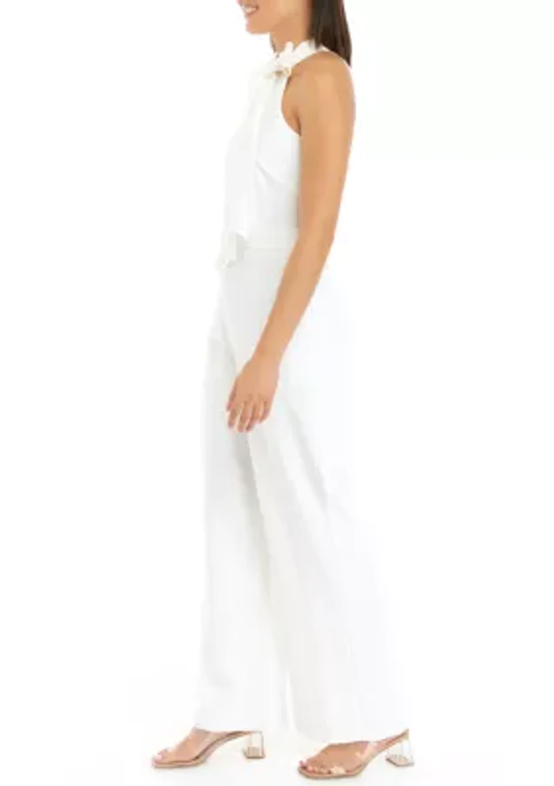 Women's Sleeveless Bow Tie Neck Solid Crepe Jumpsuit