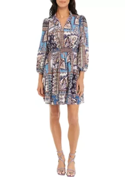 Women's Balloon Sleeve Mock Neck Printed Dress