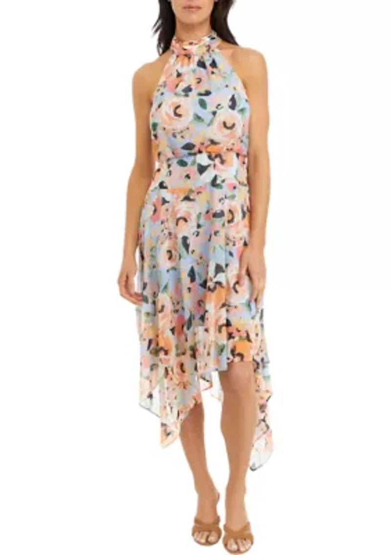 Women's Sleeveless Halter Neck Asymmetrical Hem Printed Midi Dress