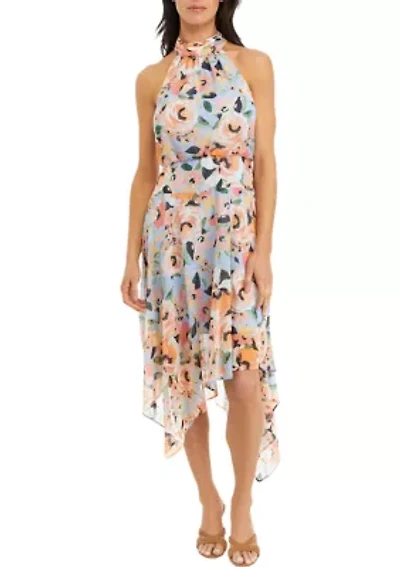 Women's Sleeveless Halter Neck Asymmetrical Hem Printed Midi Dress