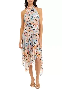Women's Sleeveless Halter Neck Asymmetrical Hem Printed Midi Dress