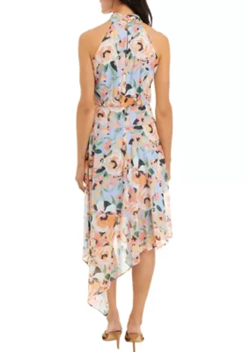 Women's Sleeveless Halter Neck Asymmetrical Hem Printed Midi Dress