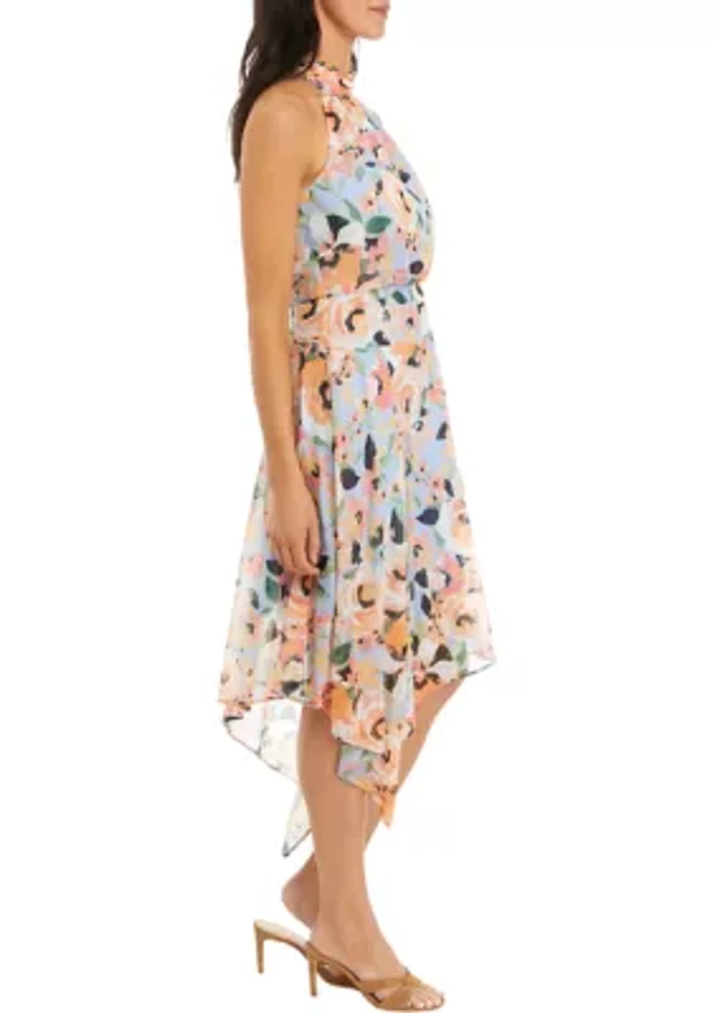 Women's Sleeveless Halter Neck Asymmetrical Hem Printed Midi Dress