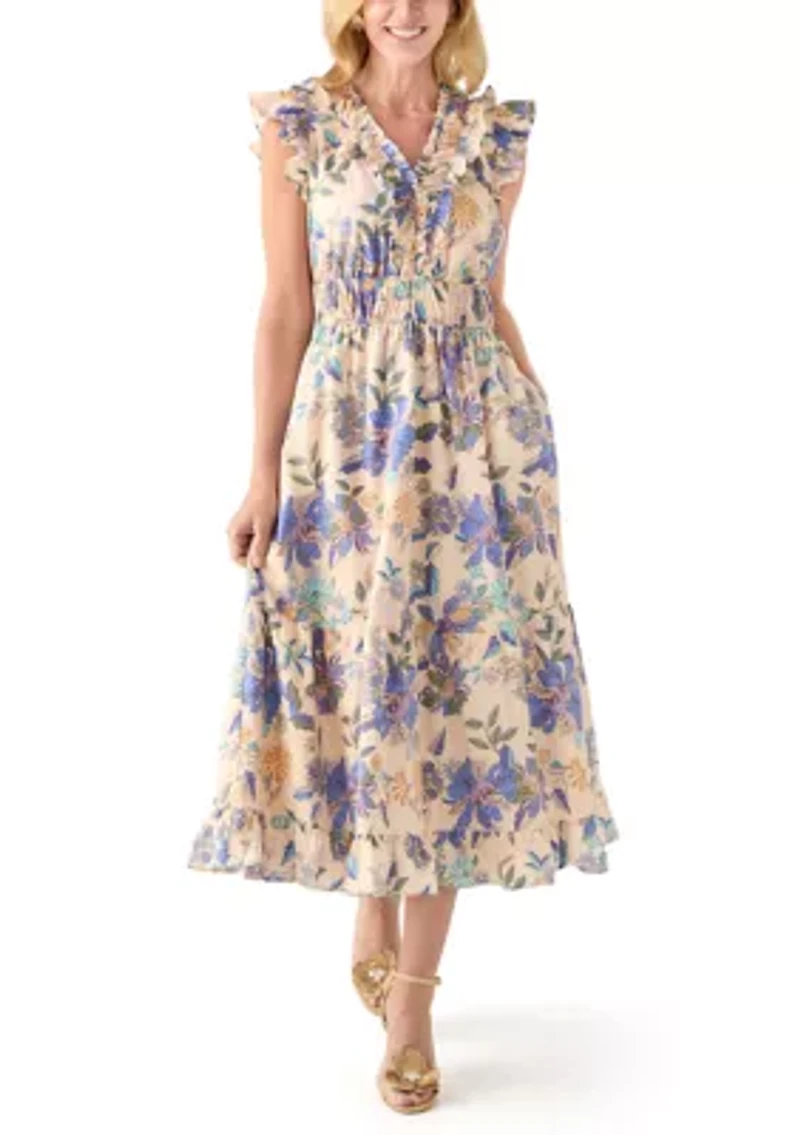 Women's Short Flutter Sleeve Floral Print Midi Dress