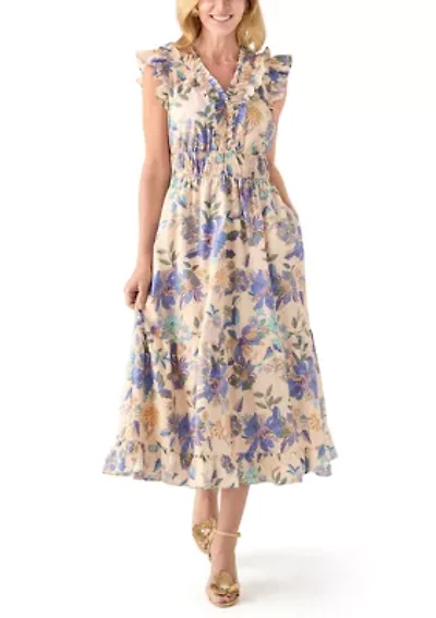 Women's Short Flutter Sleeve Floral Print Midi Dress