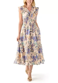 Women's Short Flutter Sleeve Floral Print Midi Dress