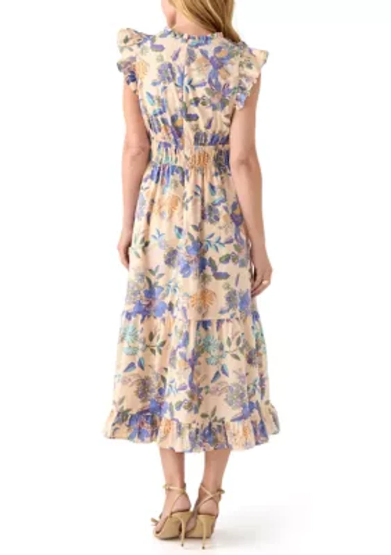 Women's Short Flutter Sleeve Floral Print Midi Dress