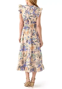 Women's Short Flutter Sleeve Floral Print Midi Dress