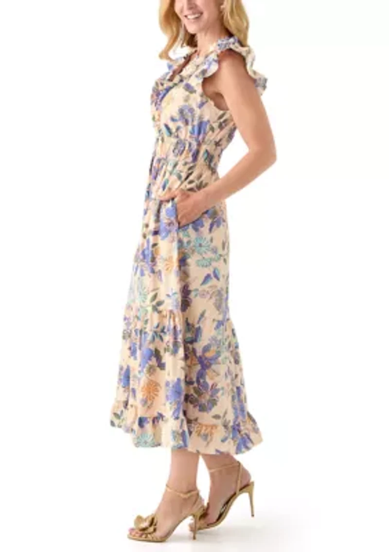 Women's Short Flutter Sleeve Floral Print Midi Dress