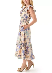 Women's Short Flutter Sleeve Floral Print Midi Dress