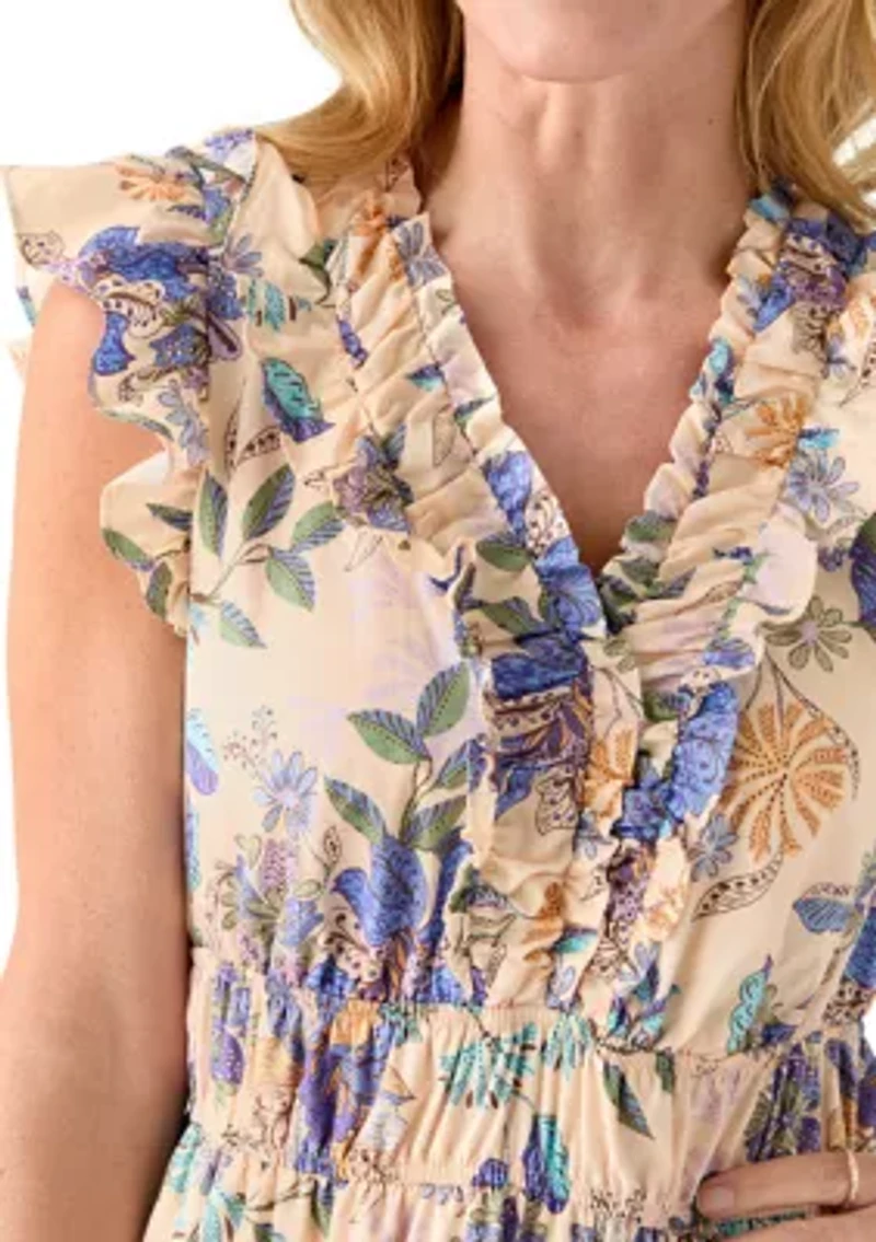 Women's Short Flutter Sleeve Floral Print Midi Dress