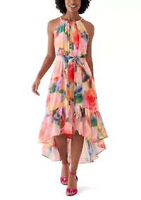 Women's Sleeveless Halter Print Chiffon Fit and Flare Dress