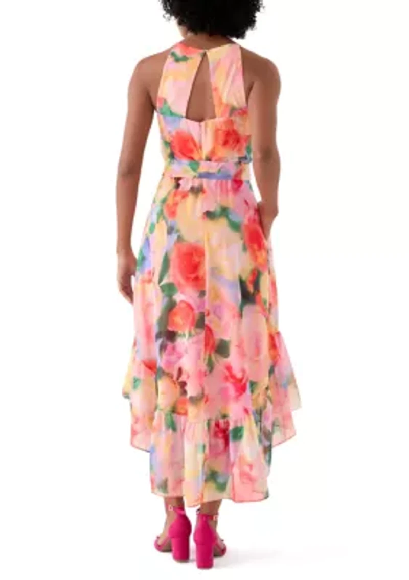 Women's Sleeveless Halter Print Chiffon Fit and Flare Dress