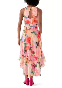 Women's Sleeveless Halter Print Chiffon Fit and Flare Dress