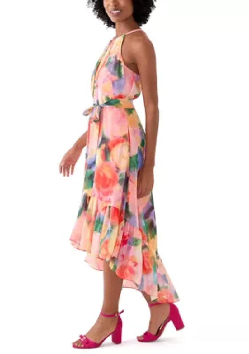 Women's Sleeveless Halter Print Chiffon Fit and Flare Dress