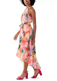 Women's Sleeveless Halter Print Chiffon Fit and Flare Dress