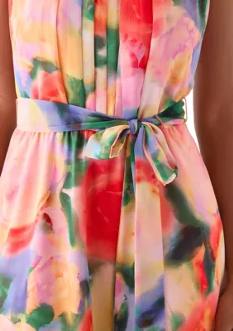 Women's Sleeveless Halter Print Chiffon Fit and Flare Dress