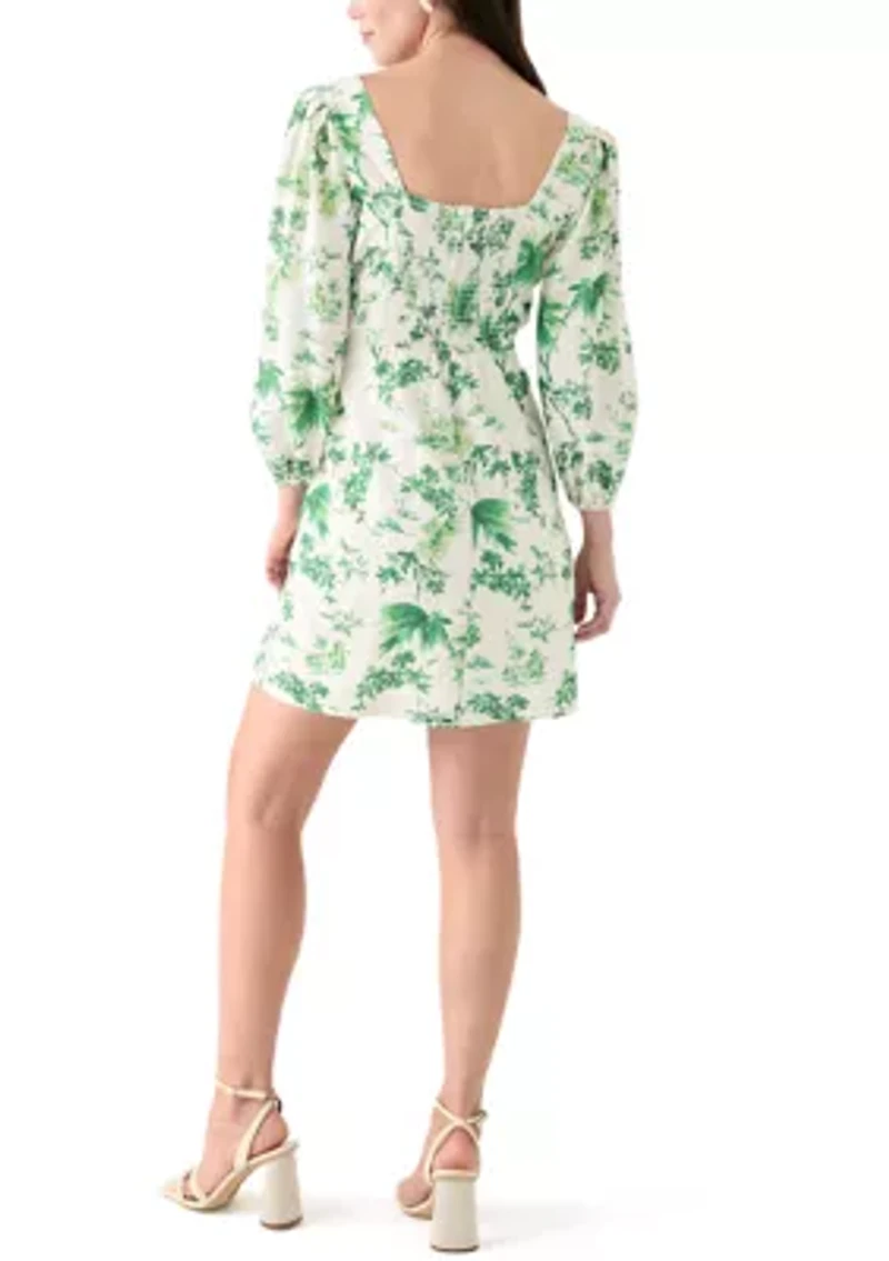 Women's 3/4 Sleeve Square Neck Floral Print Sheath Dress