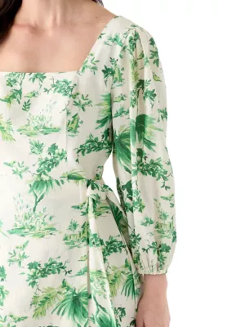 Women's 3/4 Sleeve Square Neck Floral Print Sheath Dress