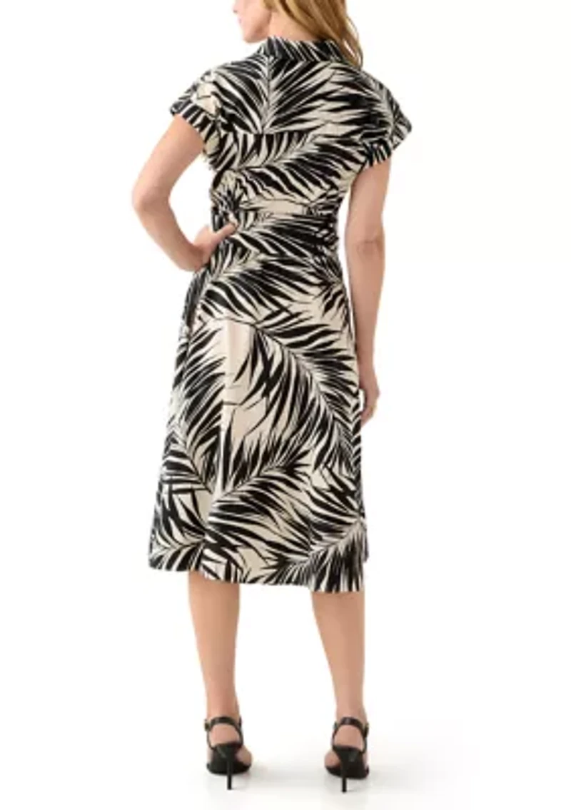 Women's Short Sleeve Mock Neck Leaf Print Dress