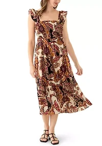 Women's Square Neck Paisley Print Midi Dress