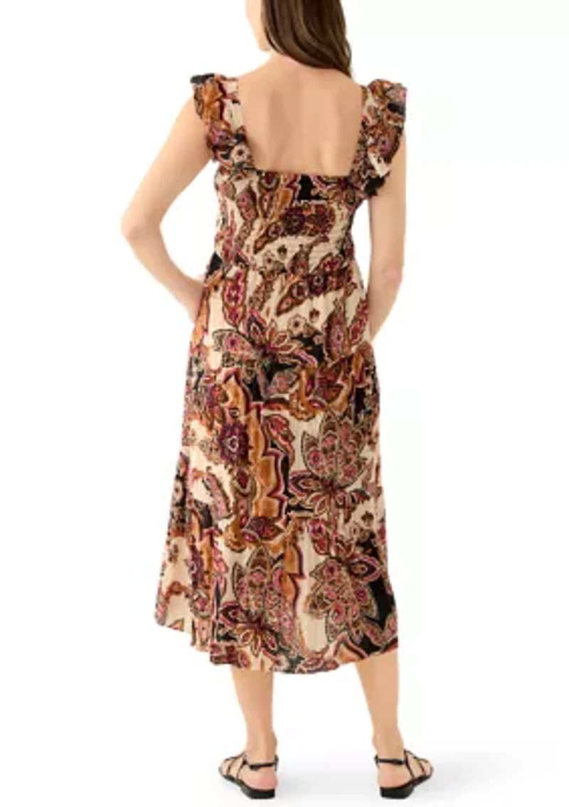 Women's Square Neck Paisley Print Midi Dress