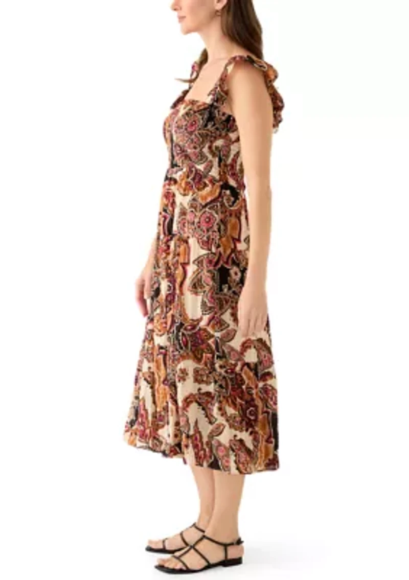 Women's Square Neck Paisley Print Midi Dress